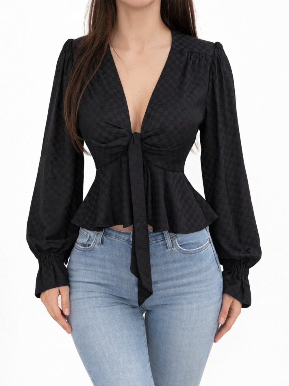 WAYF Black Checkered Blouse Size S Long Sleeve V-Neck Tie Front Peplum Top NWT